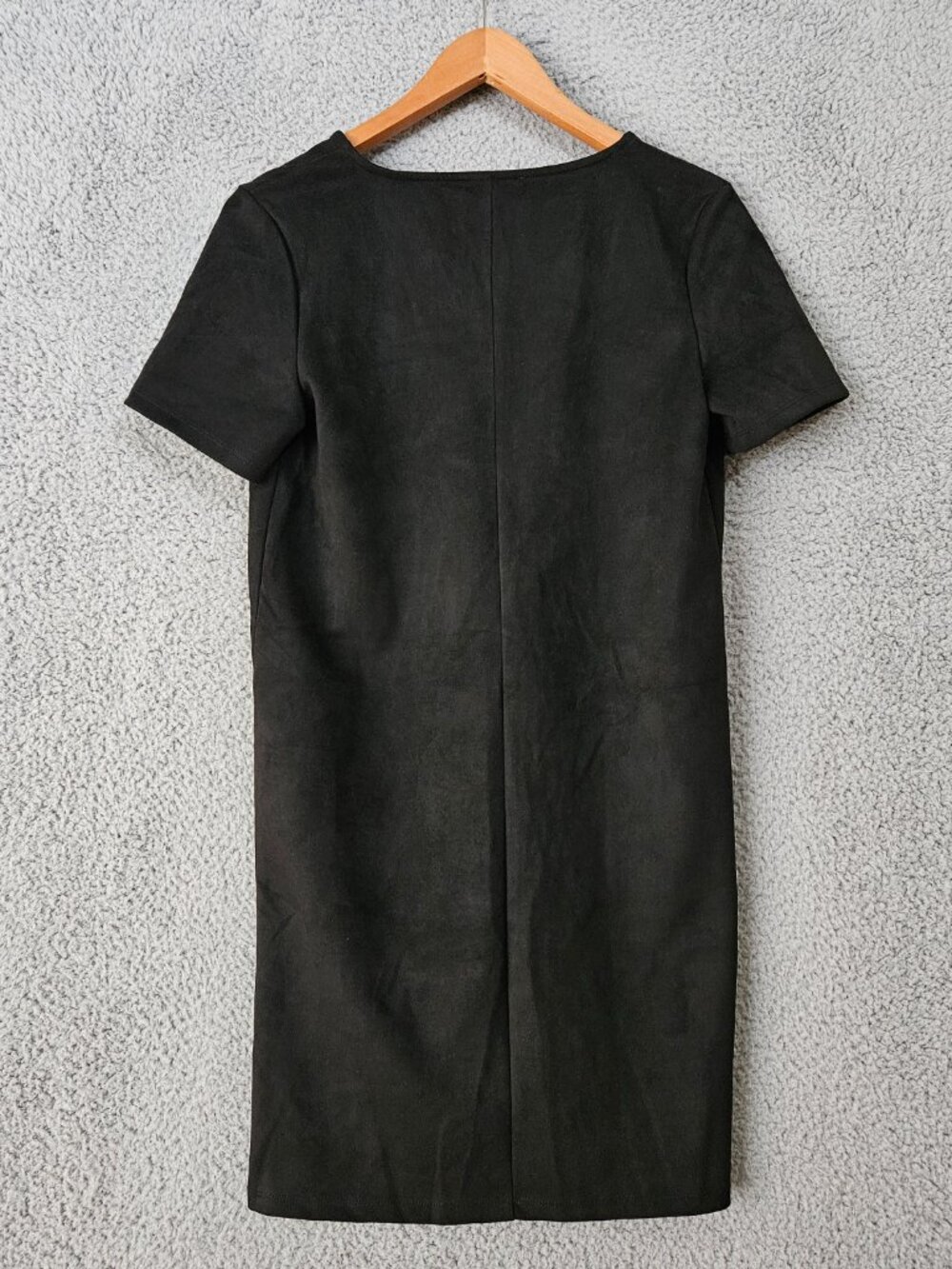 Zara Black Mini Dress M Medium Shift Faux Suede Short Sleeve V-Neck Minimalist - Picture 2 of 12